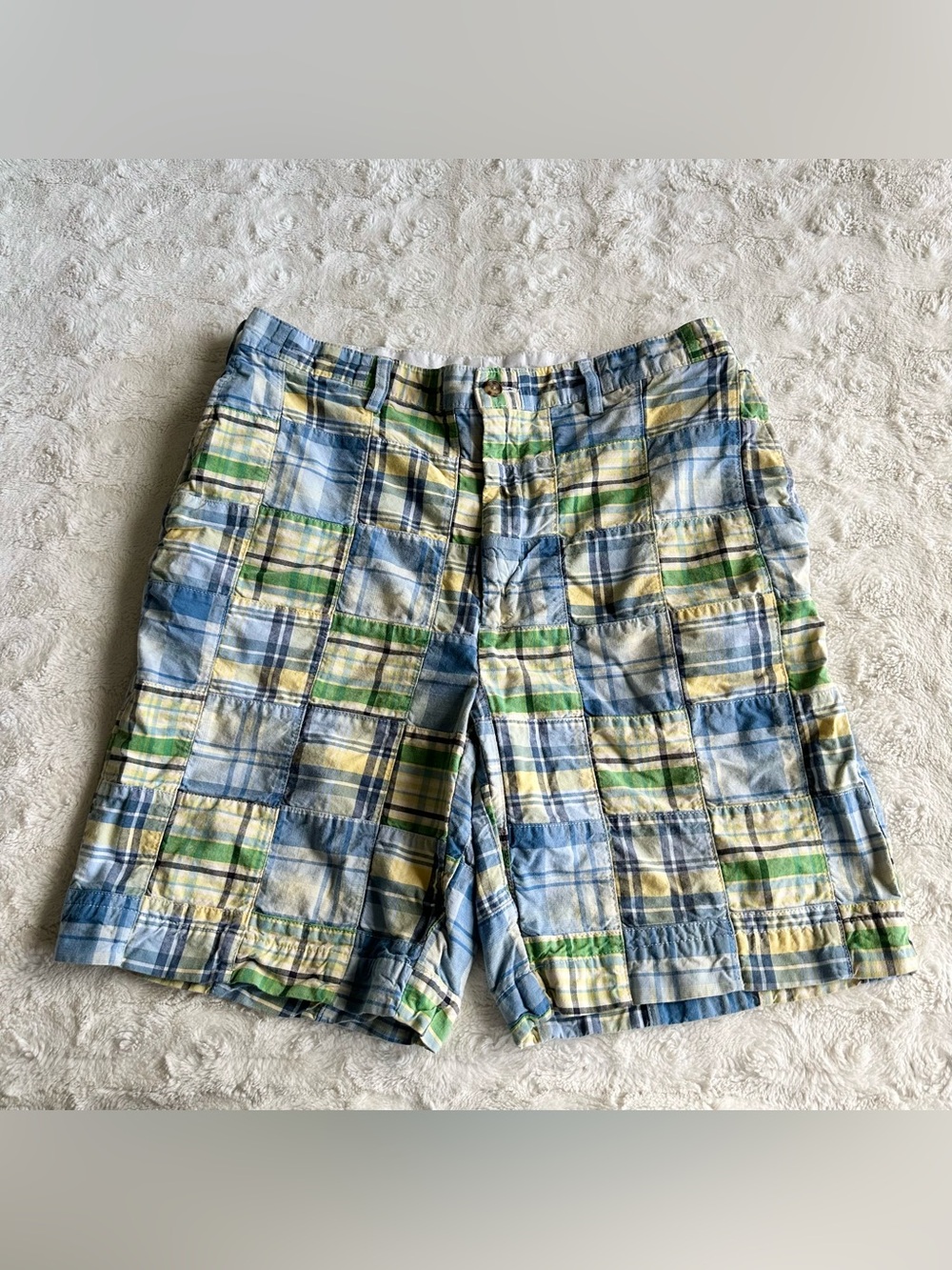 Jos A Bank Patchwork Shorts Mens 33 (Tag 35) Blue Madras Plaid Cotton Preppy